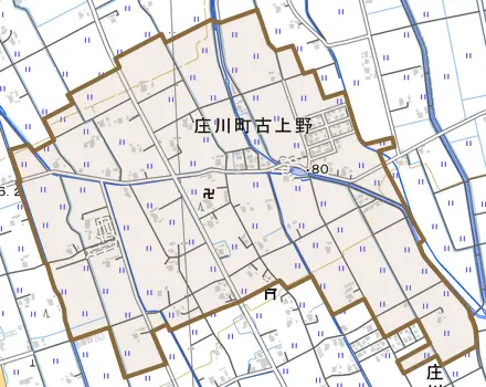 庄川町古上野とその周辺の地図。町の範囲を重ねている