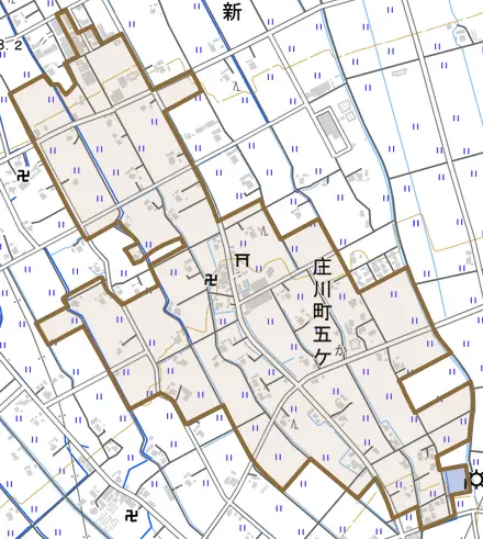 庄川町五ケとその周辺の地図。町の範囲を重ねている