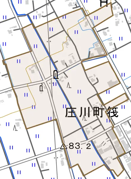 庄川町筏とその周辺の地図。町の範囲を重ねている