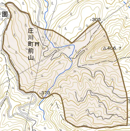 庄川町前山とその周辺の地図。町の範囲を重ねている