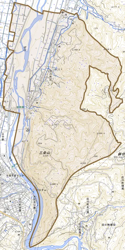 庄川町庄とその周辺の地図。町の範囲を重ねている