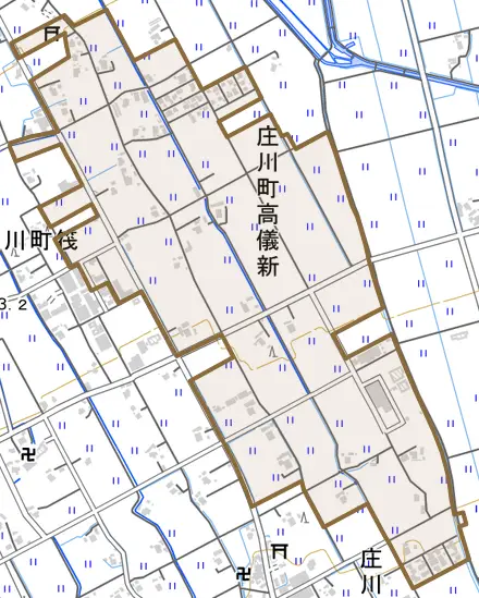 庄川町高儀新とその周辺の地図。町の範囲を重ねている