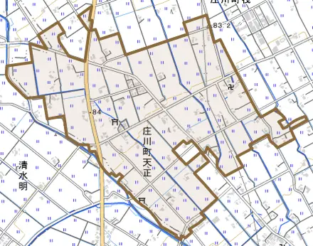 庄川町天正とその周辺の地図。町の範囲を重ねている