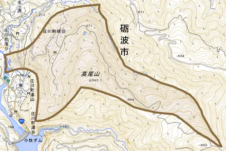 庄川町横住とその周辺の地図。町の範囲を重ねている