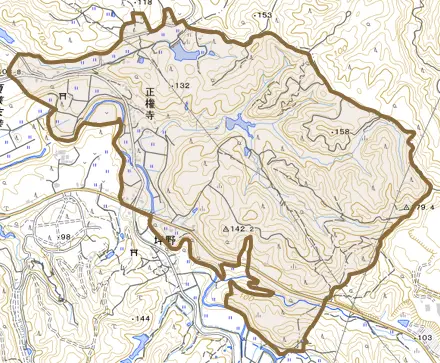 正権寺とその周辺の地図。町の範囲を重ねている
