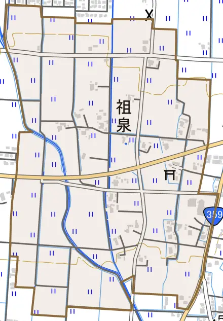 祖泉とその周辺の地図。町の範囲を重ねている