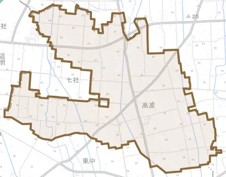 高波とその周辺の地図。町の範囲を重ねている