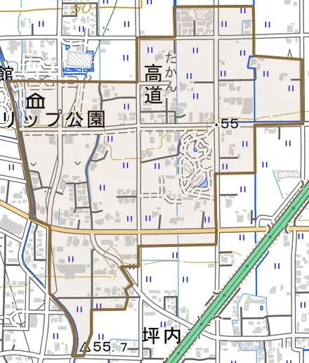 高道とその周辺の地図。町の範囲を重ねている
