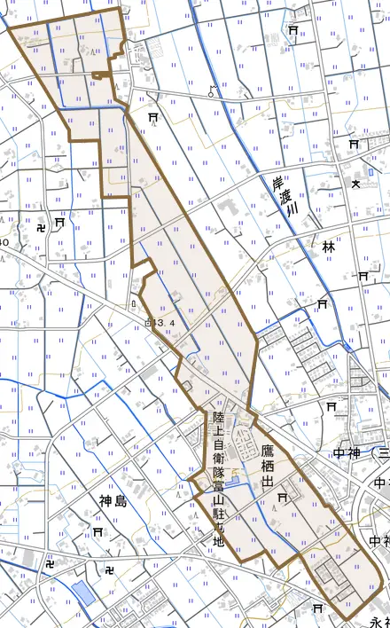 鷹栖出とその周辺の地図。町の範囲を重ねている