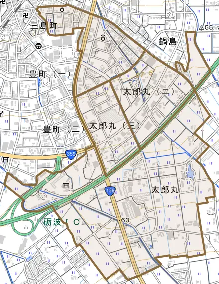 太郎丸とその周辺の地図。町の範囲を重ねている