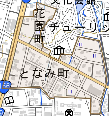 となみ町とその周辺の地図。町の範囲を重ねている