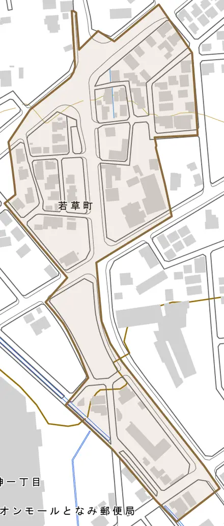 若草町とその周辺の地図。町の範囲を重ねている