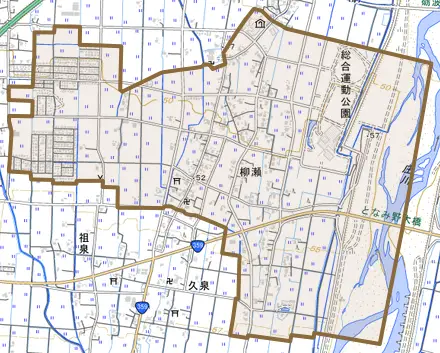柳瀬とその周辺の地図。町の範囲を重ねている