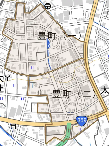 豊町とその周辺の地図。町の範囲を重ねている
