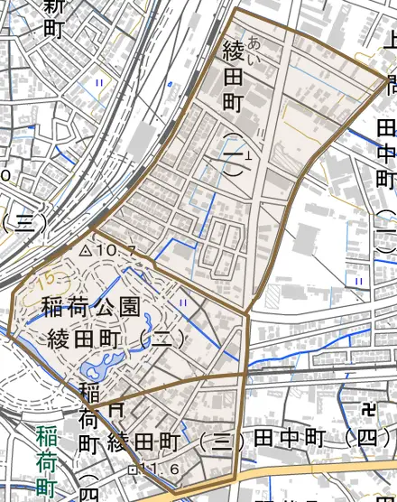 綾田町とその周辺の地図。町の範囲を重ねている