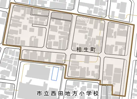 相生町とその周辺の地図。町の範囲を重ねている