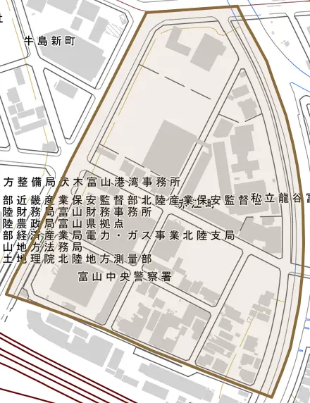 赤江町とその周辺の地図。町の範囲を重ねている