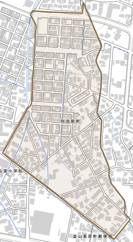 秋吉新町とその周辺の地図。町の範囲を重ねている