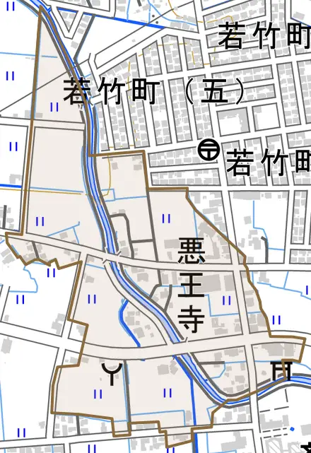悪王寺とその周辺の地図。町の範囲を重ねている