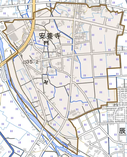 安養寺とその周辺の地図。町の範囲を重ねている