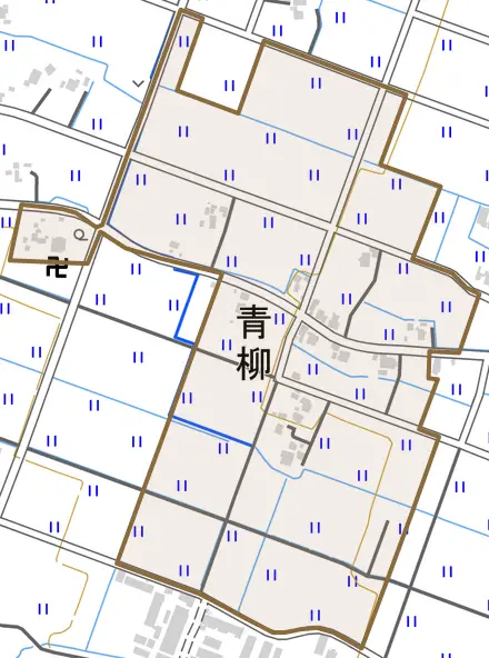 青柳とその周辺の地図。町の範囲を重ねている
