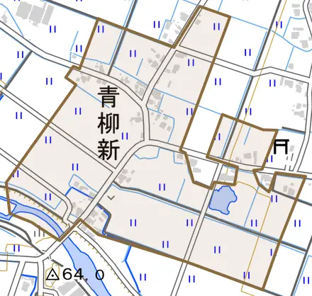 青柳新とその周辺の地図。町の範囲を重ねている
