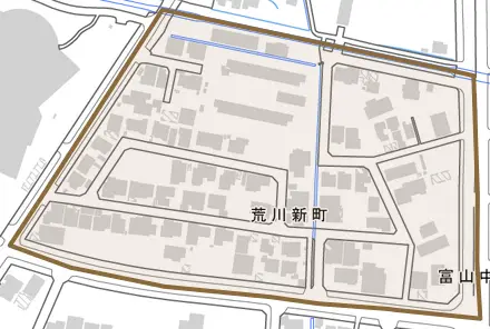 荒川新町とその周辺の地図。町の範囲を重ねている