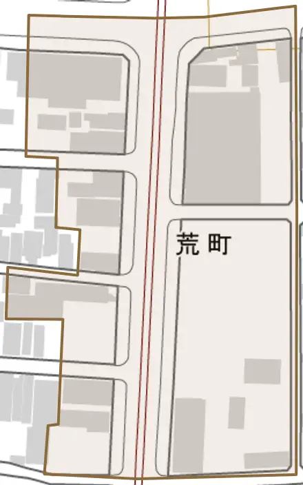 荒町とその周辺の地図。町の範囲を重ねている