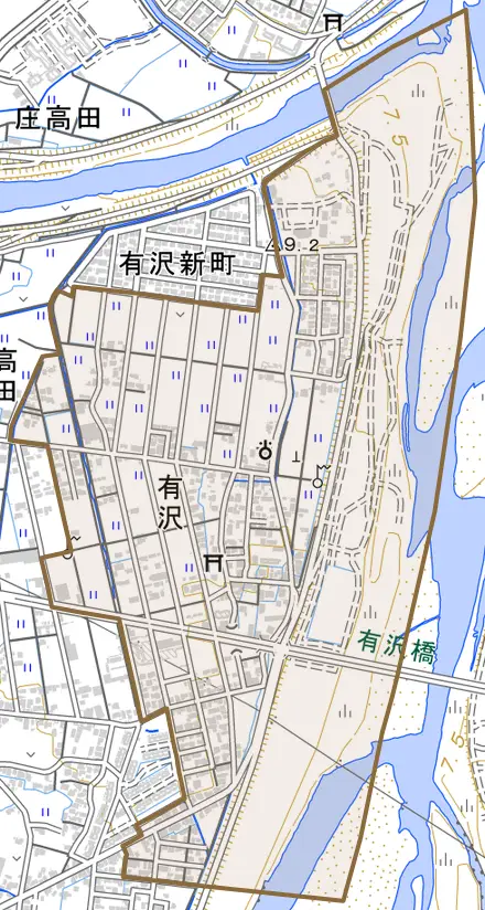 有沢とその周辺の地図。町の範囲を重ねている