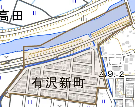 有沢新町とその周辺の地図。町の範囲を重ねている
