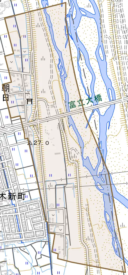 朝日とその周辺の地図。町の範囲を重ねている