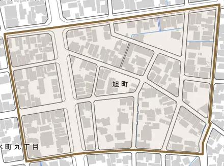 旭町とその周辺の地図。町の範囲を重ねている