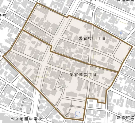 愛宕町とその周辺の地図。町の範囲を重ねている
