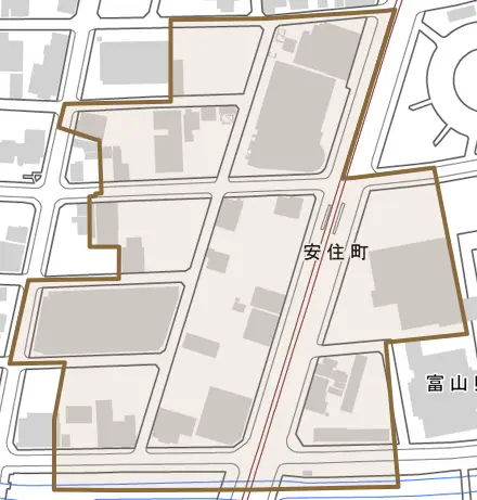 安住町とその周辺の地図。町の範囲を重ねている