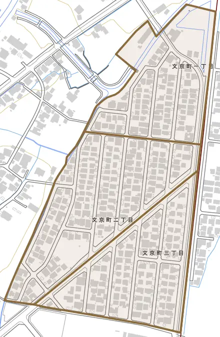 文京町とその周辺の地図。町の範囲を重ねている