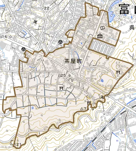 茶屋町とその周辺の地図。町の範囲を重ねている