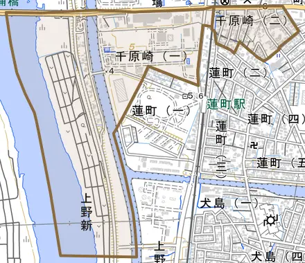 千原崎とその周辺の地図。町の範囲を重ねている