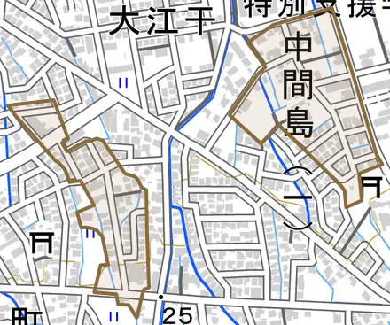 中間島とその周辺の地図。町の範囲を重ねている