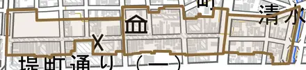 中央通りとその周辺の地図。町の範囲を重ねている