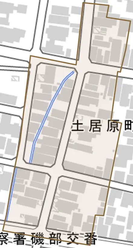 土居原町とその周辺の地図。町の範囲を重ねている