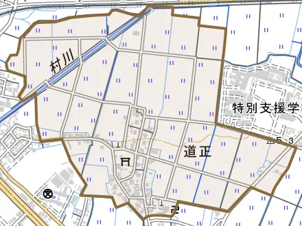 道正とその周辺の地図。町の範囲を重ねている