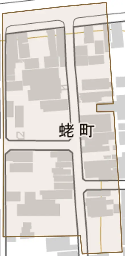 蛯町とその周辺の地図。町の範囲を重ねている