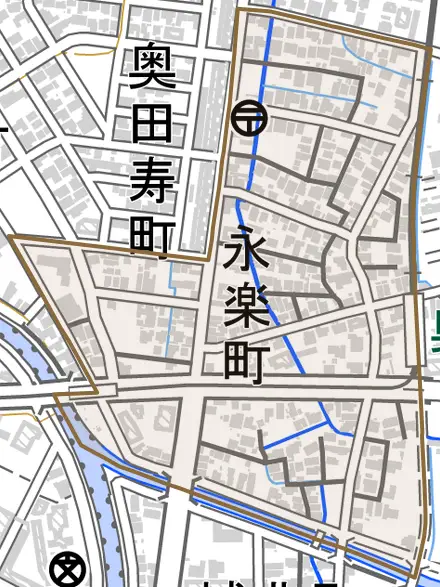 永楽町とその周辺の地図。町の範囲を重ねている