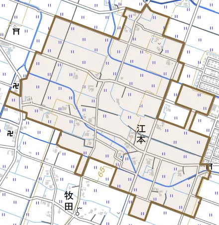 江本とその周辺の地図。町の範囲を重ねている