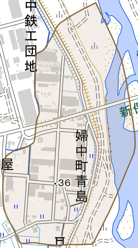 婦中町青島とその周辺の地図。町の範囲を重ねている