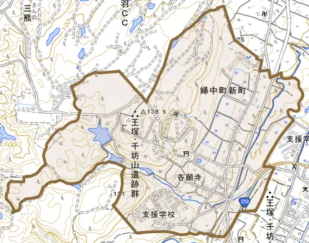 婦中町新町とその周辺の地図。町の範囲を重ねている
