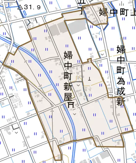婦中町新屋とその周辺の地図。町の範囲を重ねている