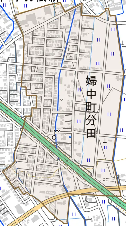 婦中町分田とその周辺の地図。町の範囲を重ねている