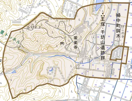 婦中町千里とその周辺の地図。町の範囲を重ねている