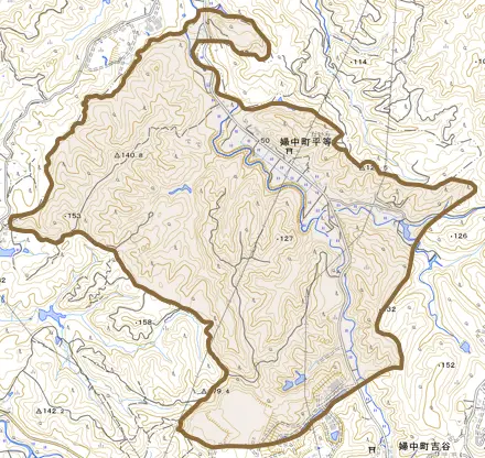 婦中町平等とその周辺の地図。町の範囲を重ねている